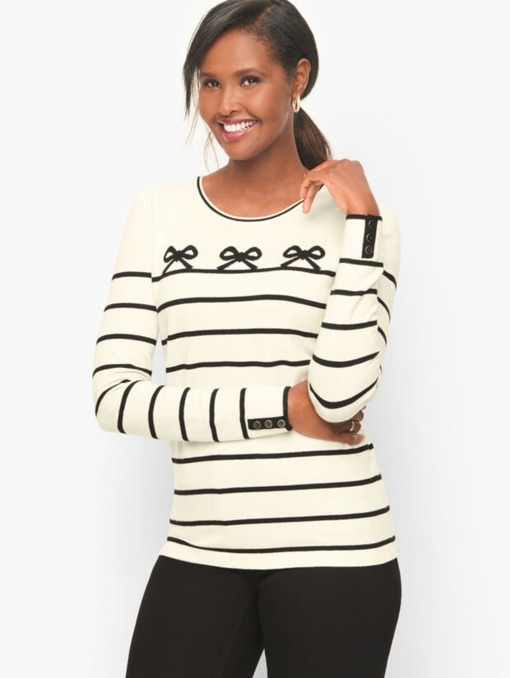 TALBOTS | Puff Sleeve Crewneck Sweater - Bows Stripe